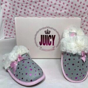 NIB Juicy Couture size 13-1 Girl's Slide On Gray & Pink Stars Slippers